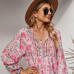 Pink Floral V Neck Loose Long Sleeve Top